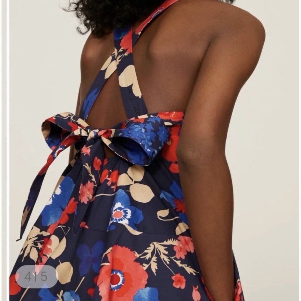 Peter Som Floral Mini Dress Sz 10 Blue Red Tie Back Babydoll Sundress Pockets EU - Picture 5 of 16